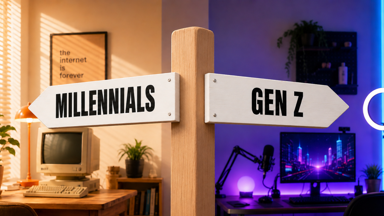Signpost labeled “Millennials” and “Gen Z” between a retro computer desk and a modern digital workspace.