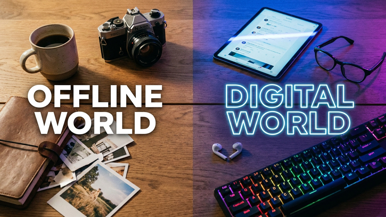 Split-screen image contrasting offline and digital worlds: a coffee, film camera, notebook and printed photos on one side, and a tablet, glasses, earbuds and illuminated keyboard on the other.